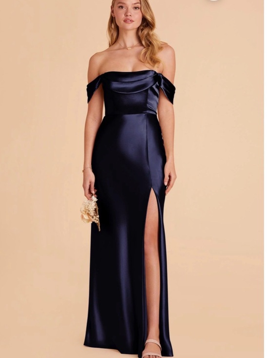 Birdie Grey Dresses & Skirts - Sexy Off-the-Shoulder Navy Satin Mia Homecoming Gown with Side Slit|wedding
